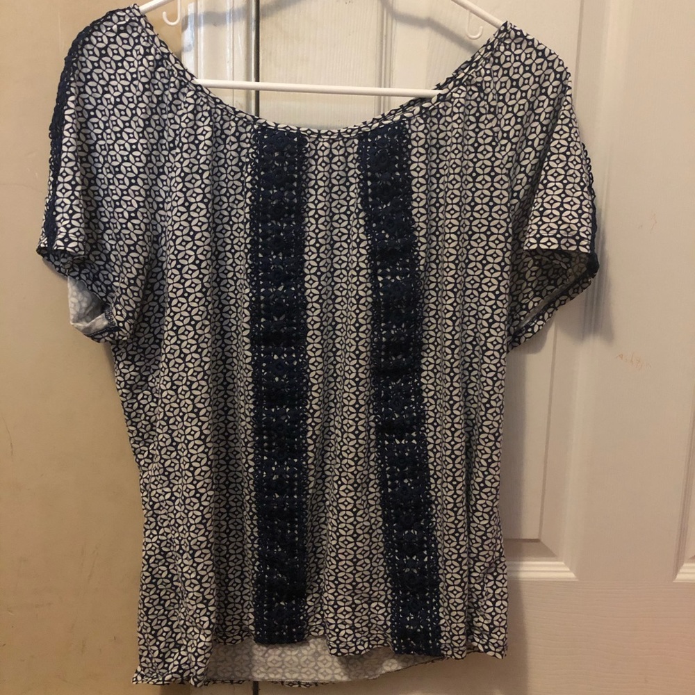 Navy Blue Accented White Blouse